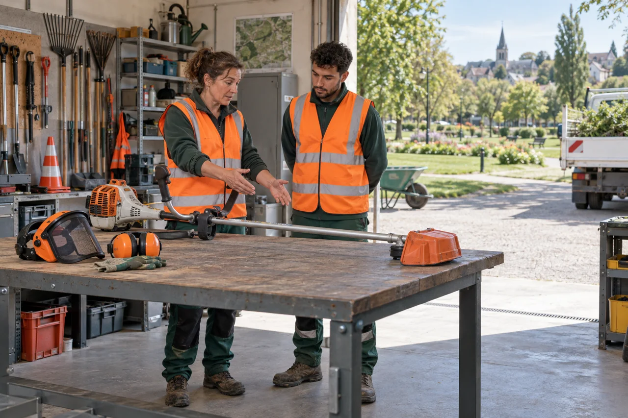 Une encadrante présente une débroussailleuse à l’arrêt à un nouvel agent dans un atelier municipal.