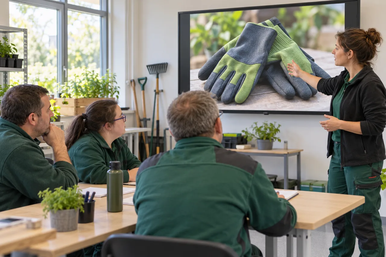 Formatrice présentant les équipements de protection à un groupe en salle