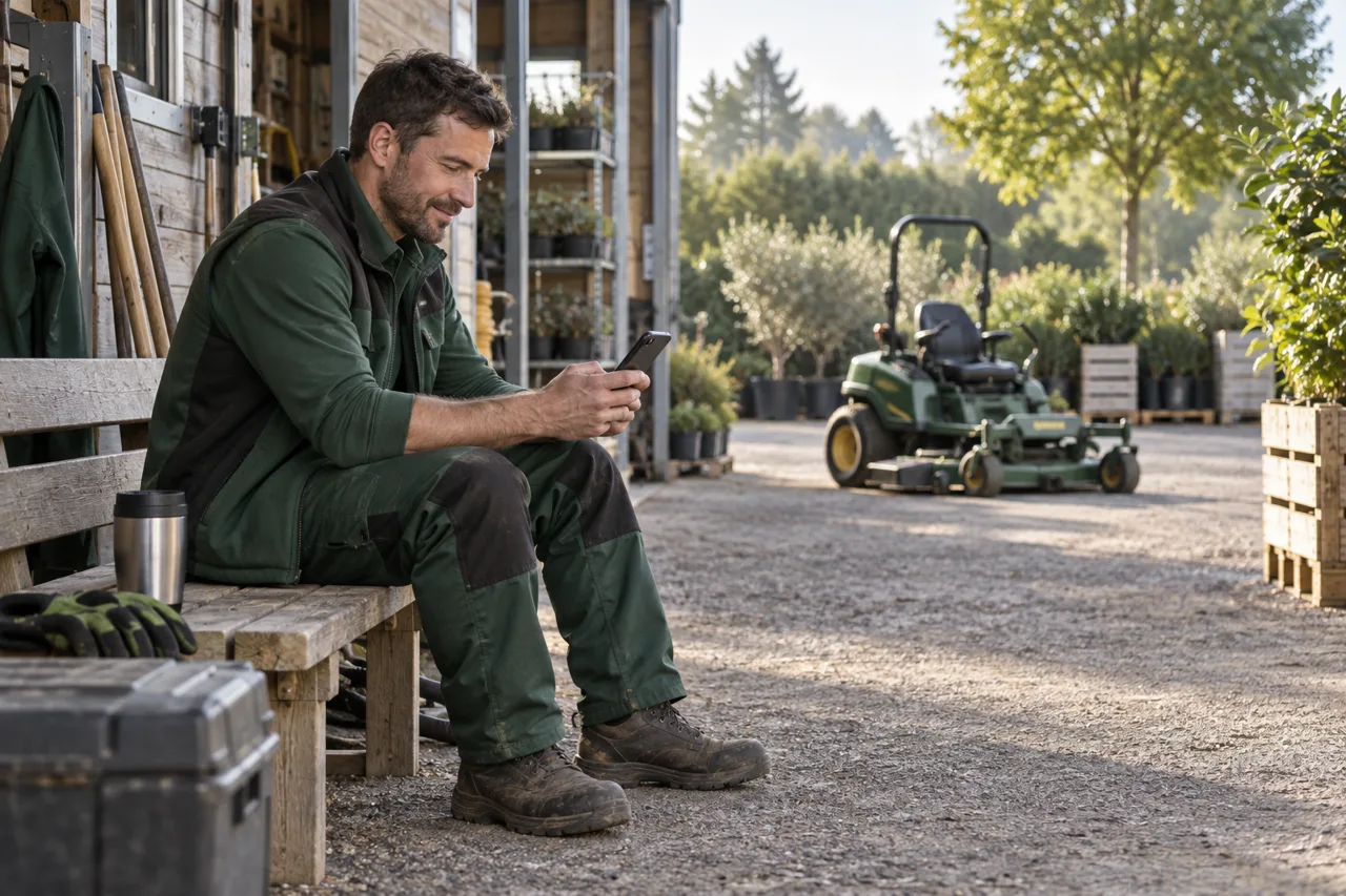 Paysagiste consultant son téléphone au dépôt avant une intervention